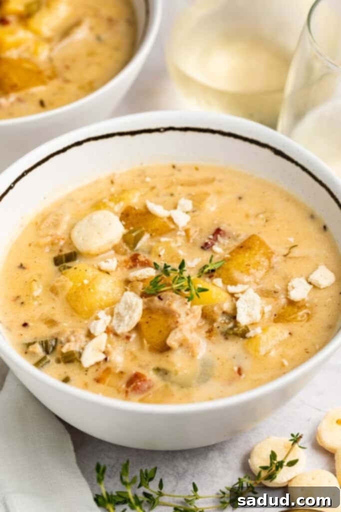two bowls of instant pot clam chowder with white wine, crackers, and thyme on the side