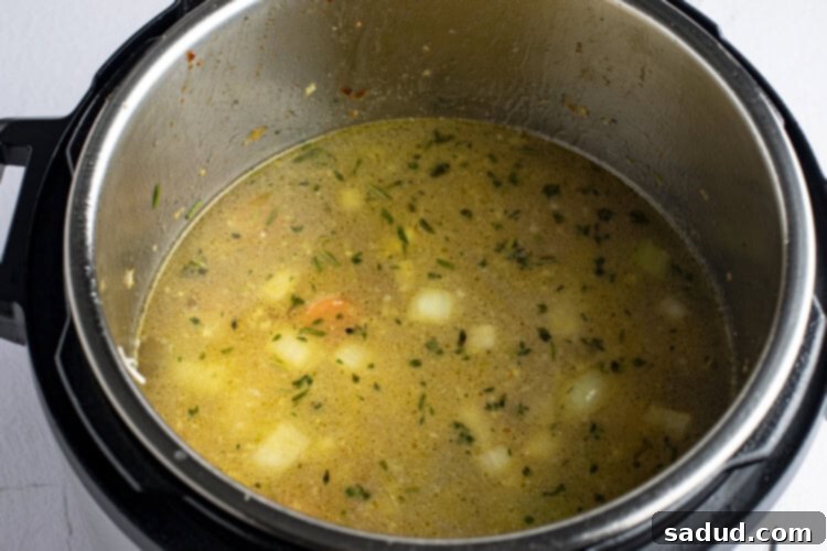 Chicken broth, rice, and veggies combined in the Instant Pot, ready for pressure cooking.
