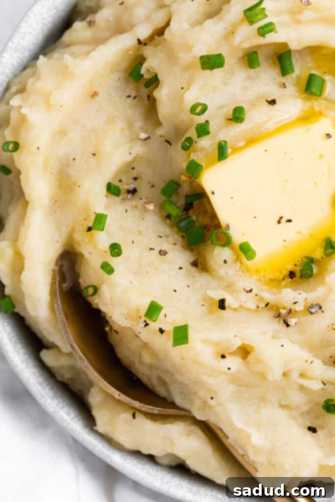 close up image of sous vide mashed potatoes in a bowl with a spoon