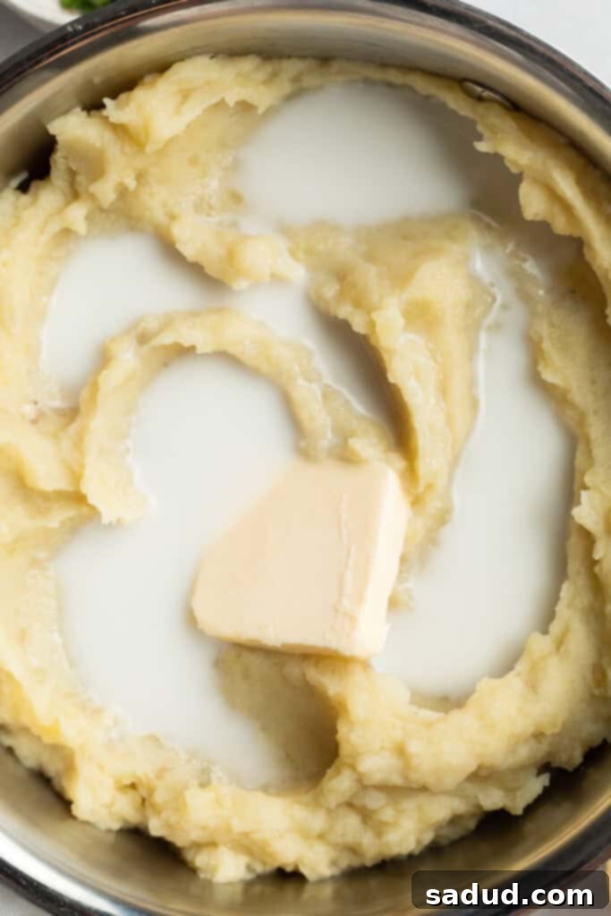 The Best Three Ways to Reheat Mashed Potatoes 3 close-up image of mashed potatoes, milk, and butter in a pot