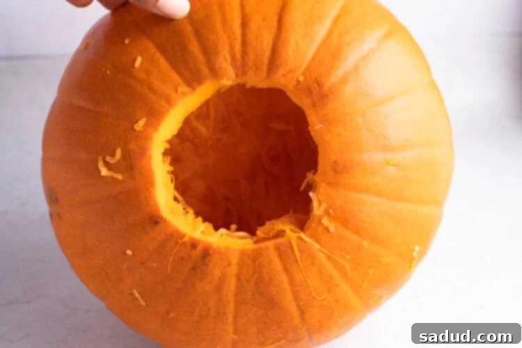 A perfectly cut hole in the bottom of a pumpkin, ready for cleaning