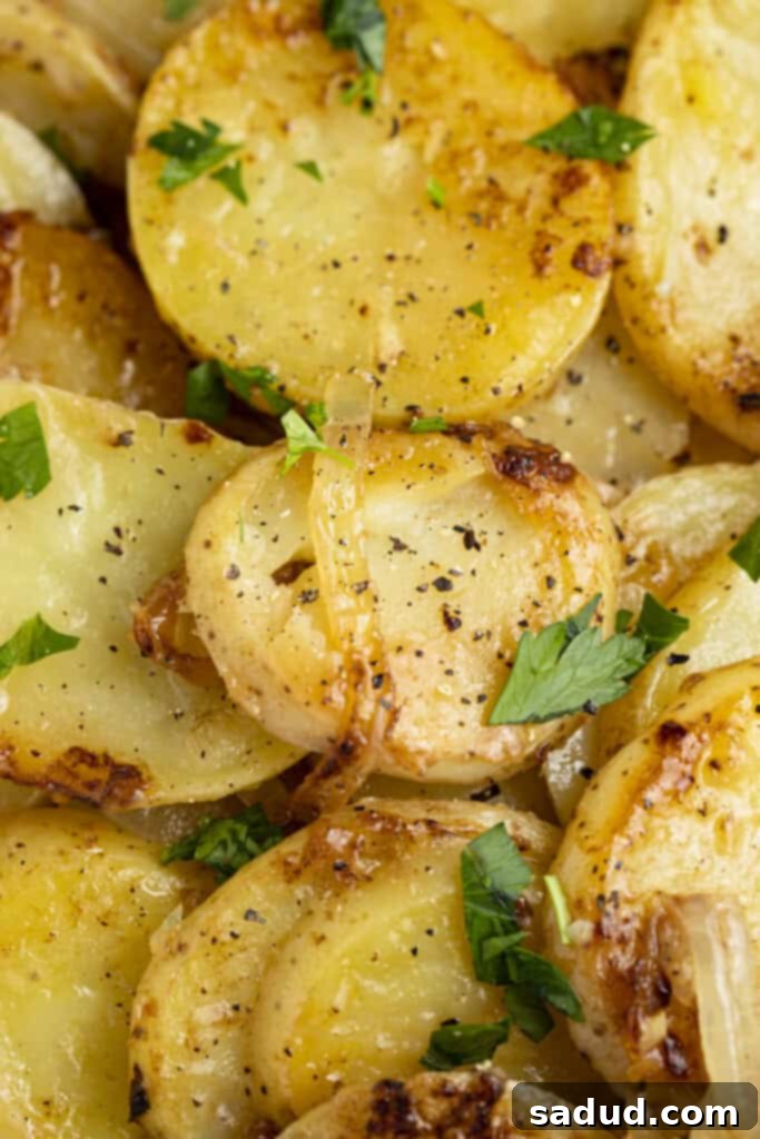 Closeup view of smothered potatoes