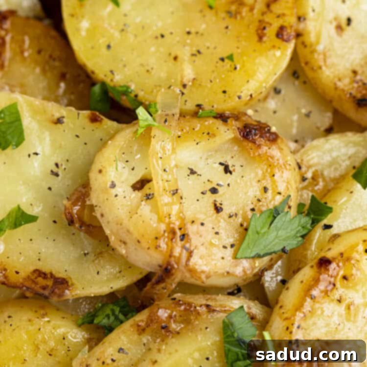 Closeup view of smothered potatoes