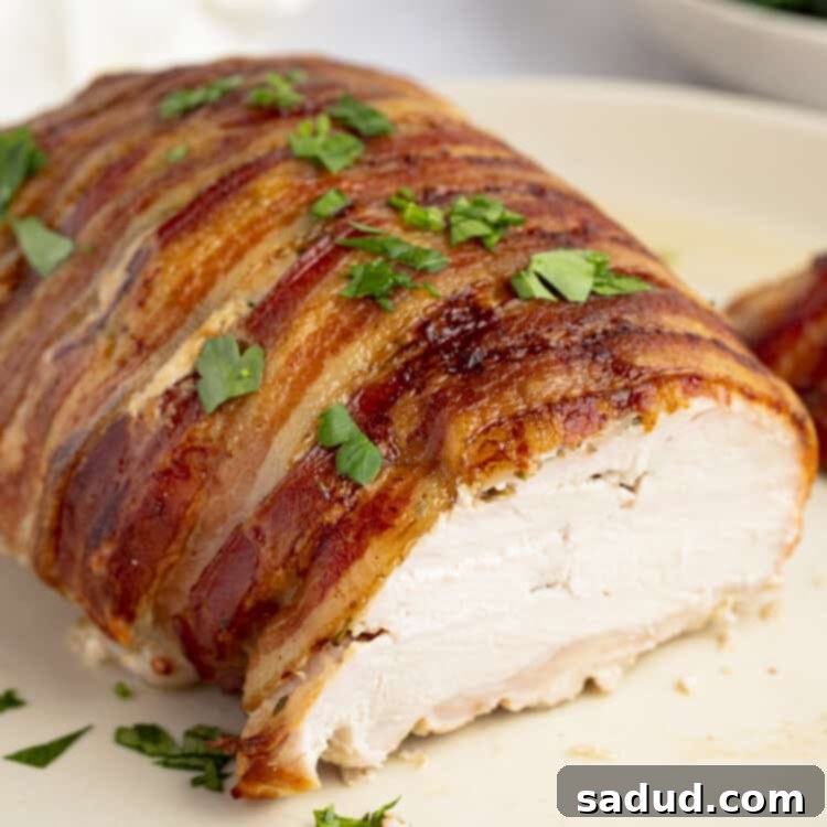 Bacon Wrapped Turkey Breast on a plate with a bowl of green beans in the background