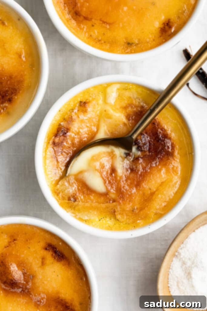 Luscious Keto Creme Brûlée 2 overhead image of keto creme brulee with granular Swerve on the side, ready to be enjoyed as a low-carb dessert
