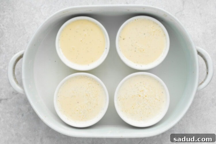 keto creme brulee step 4, ramekins in a water bath