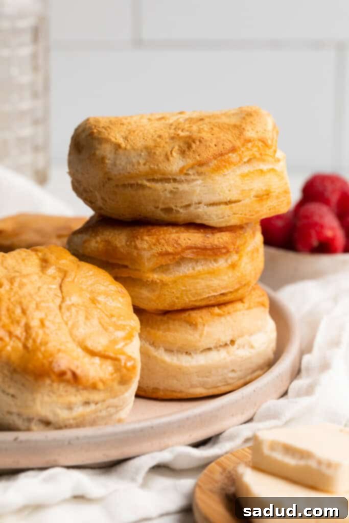 Crispy Golden Air Fryer Biscuits From Frozen 2 air fryer frozen biscuits stacked on top of each other, golden brown and fluffy
