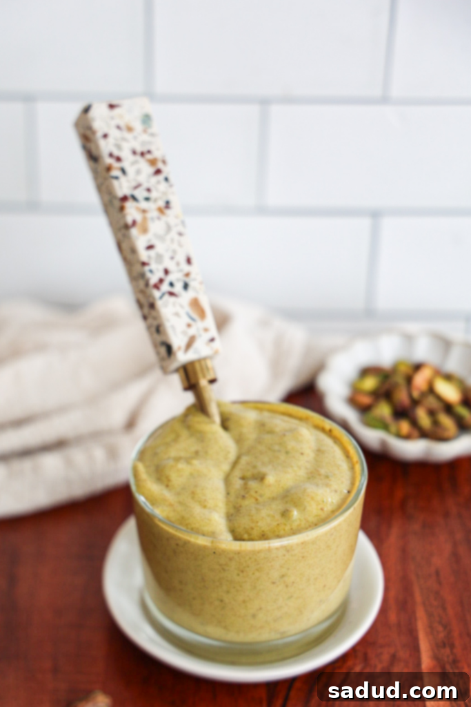 Homemade copycat Pisti pistachio cream spread, vibrant green and smooth
