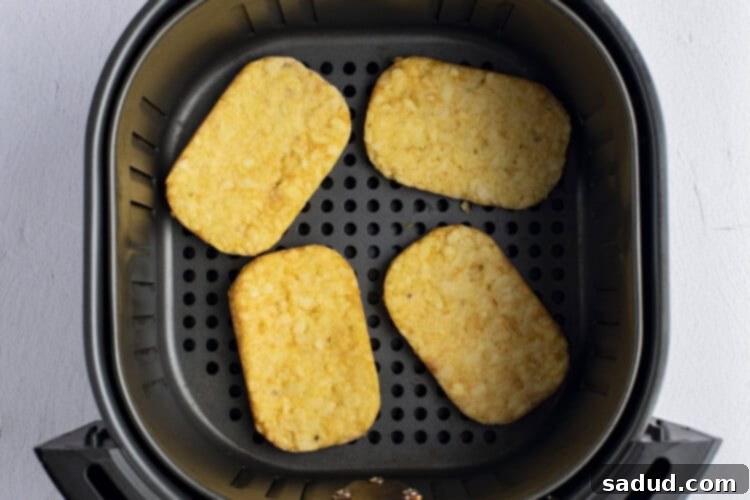 Frozen hashbrown patties arranged in a single layer in an air fryer basket, ready for cooking.