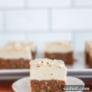 Healthy no-bake high protein carrot cake slices with creamy cashew frosting.