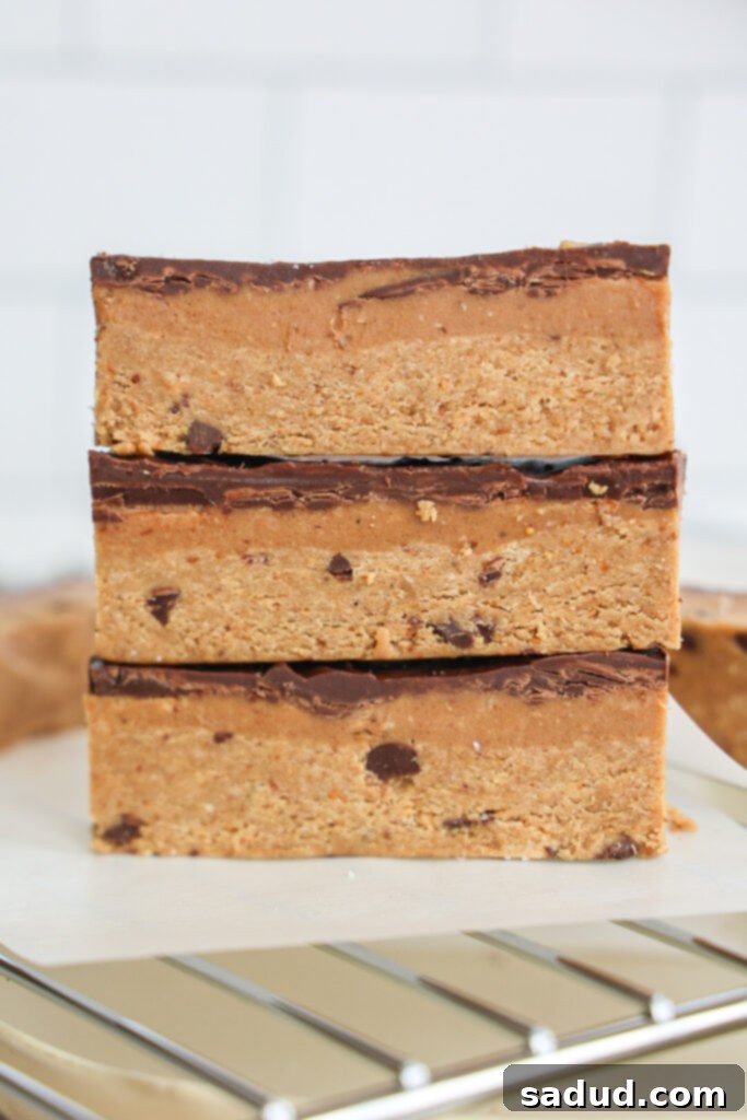 Healthy Protein cookie dough bars with caramel and chocolate, drizzled with extra chocolate and a sprinkle of sea salt.
