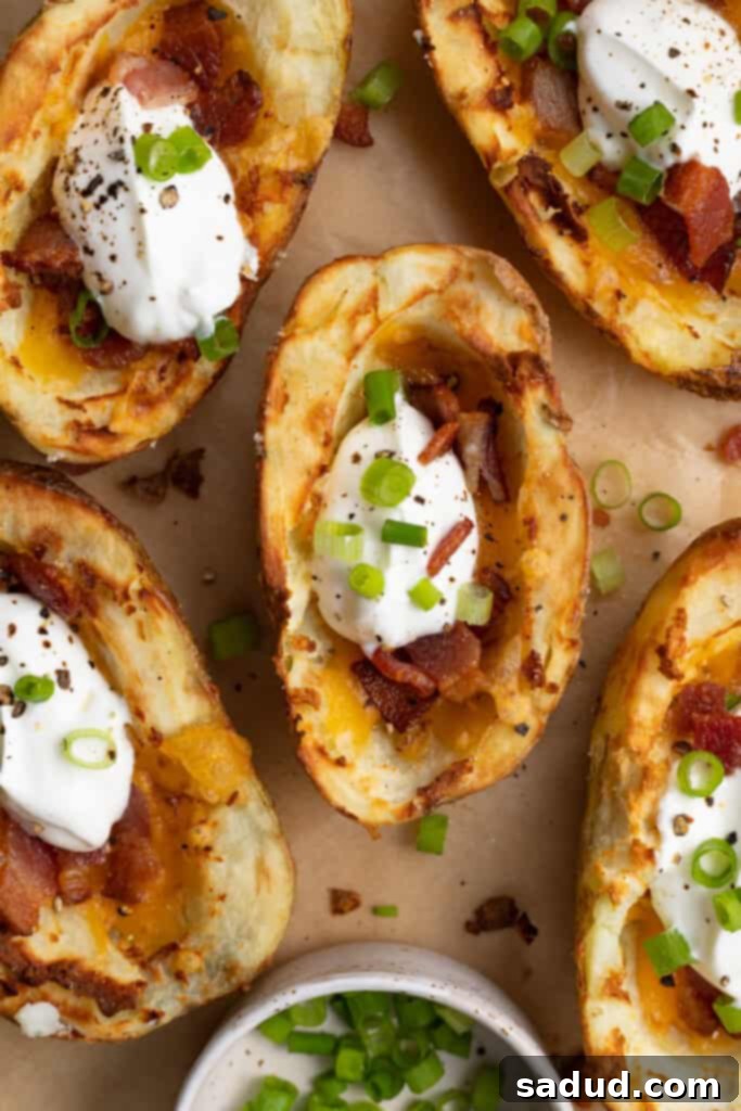 Air Fryer Loaded Potato Boats 2 overhead image of air fryer potato skins with chopped green onion on the side