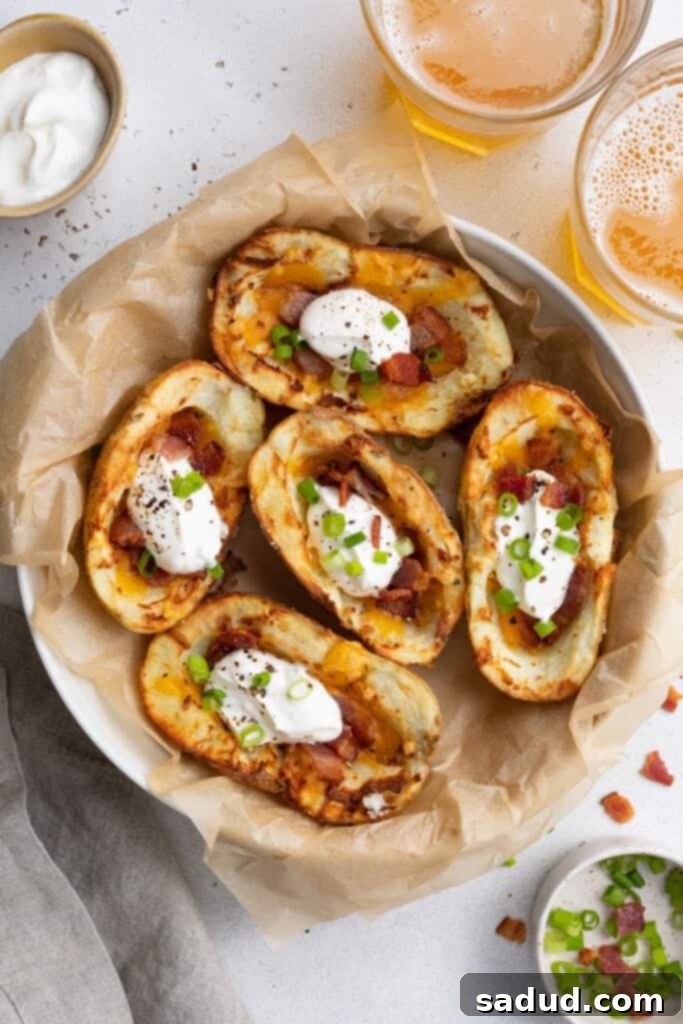 Air Fryer Loaded Potato Boats 3 air fryer potato skins on a place with beer on the side