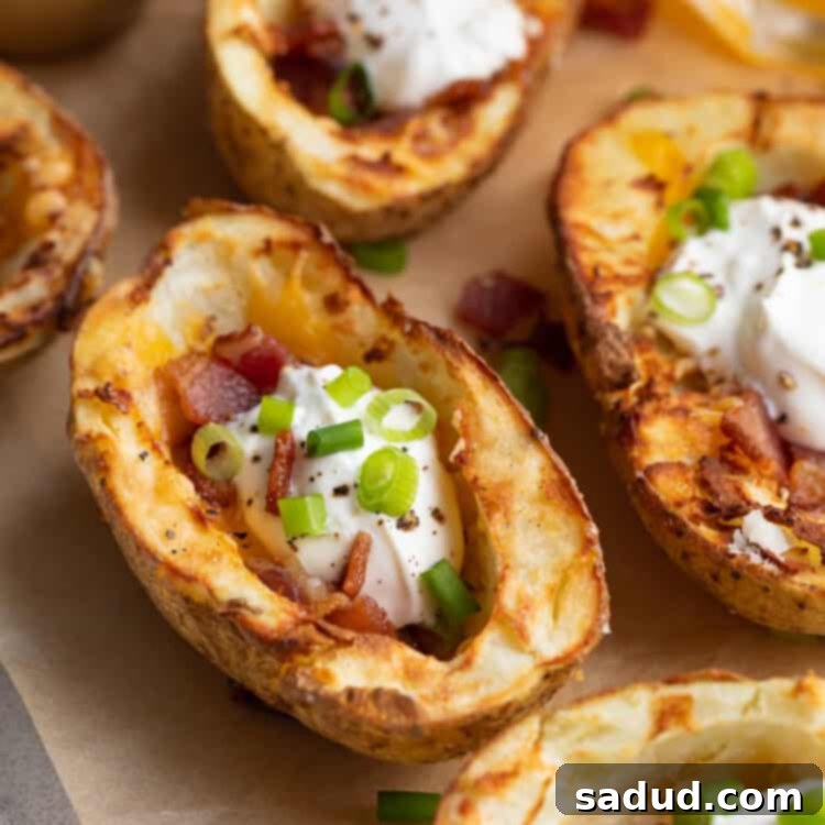 Air Fryer Loaded Potato Boats 4 close-up image of air fryer potato skins with sour cream on the side