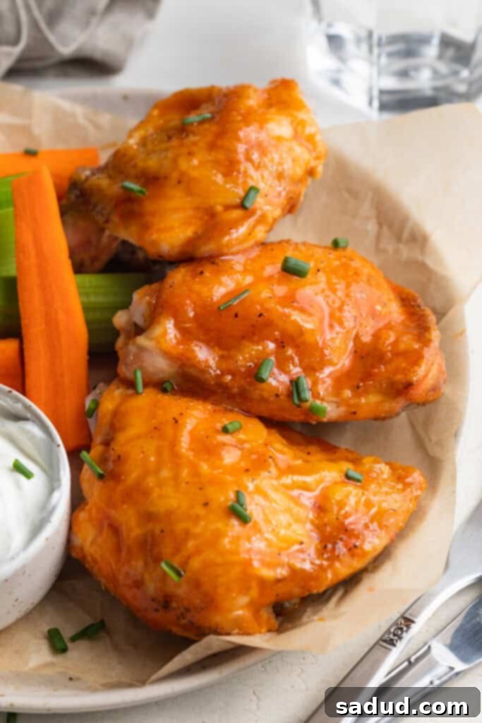 golden brown buffalo chicken thighs on a plate with fresh carrot and celery sticks on the side, ready to be enjoyed