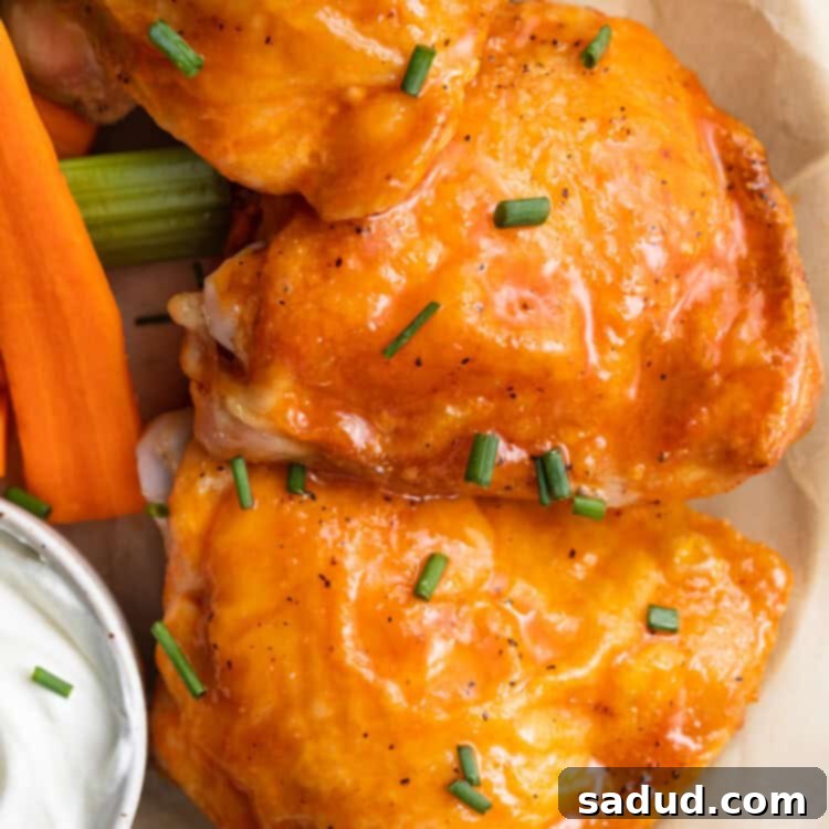 close up image of buffalo chicken thighs on a plate