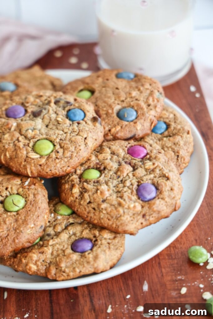 Close-up of healthy monster cookies on a cooling rack, showcasing their texture.