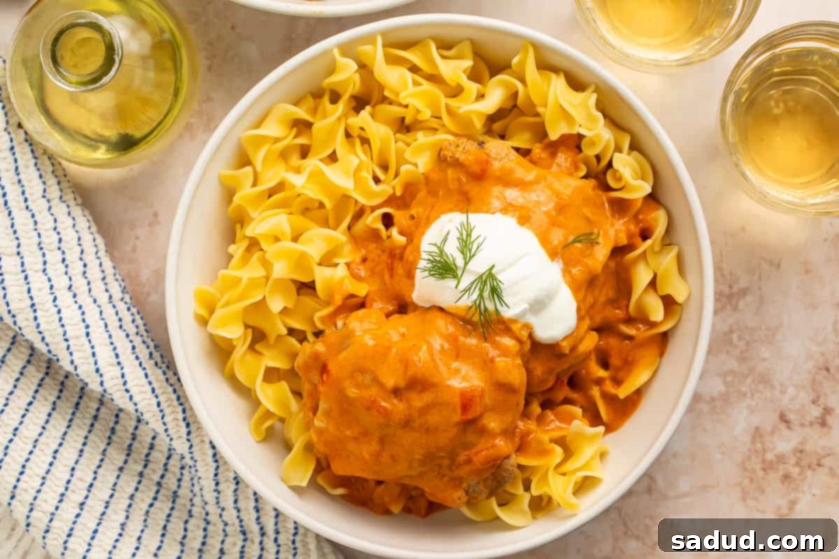 Close up of a bowl of chicken paprikas served over egg noodles, topped with dill and sour cream.