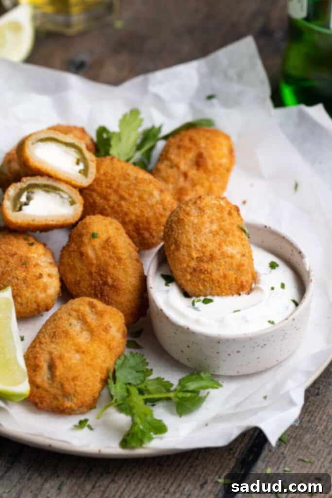 air fryer frozen jalapeno poppers on a plate and being dipped into cilantro lime dipping sauce