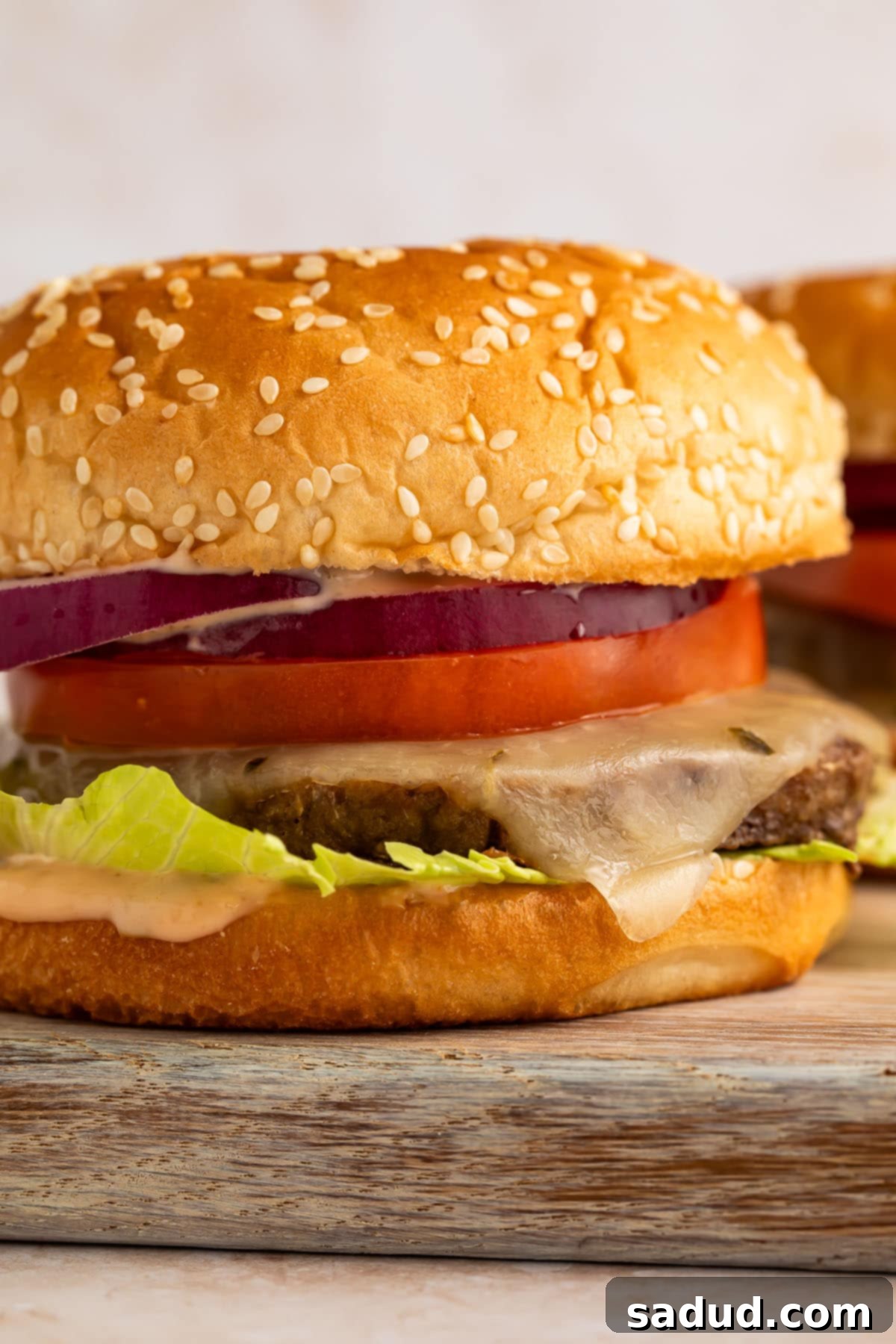 A frozen burger patty, cooked in the air fryer, on a burger bun with lettuce, cheese, and tomato.