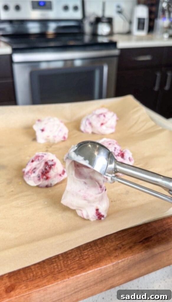 Frozen yogurt clusters arranged on a baking sheet, ready for chocolate coating.