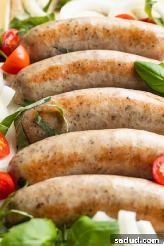 Close-up image of instant pot Italian sausage with sliced onion, basil, and tomatoes on the side, highlighting its golden-brown exterior.