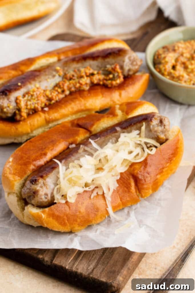 Instant Pot brats on hot dog buns with sauerkraut, on a parchment paper covered tray.