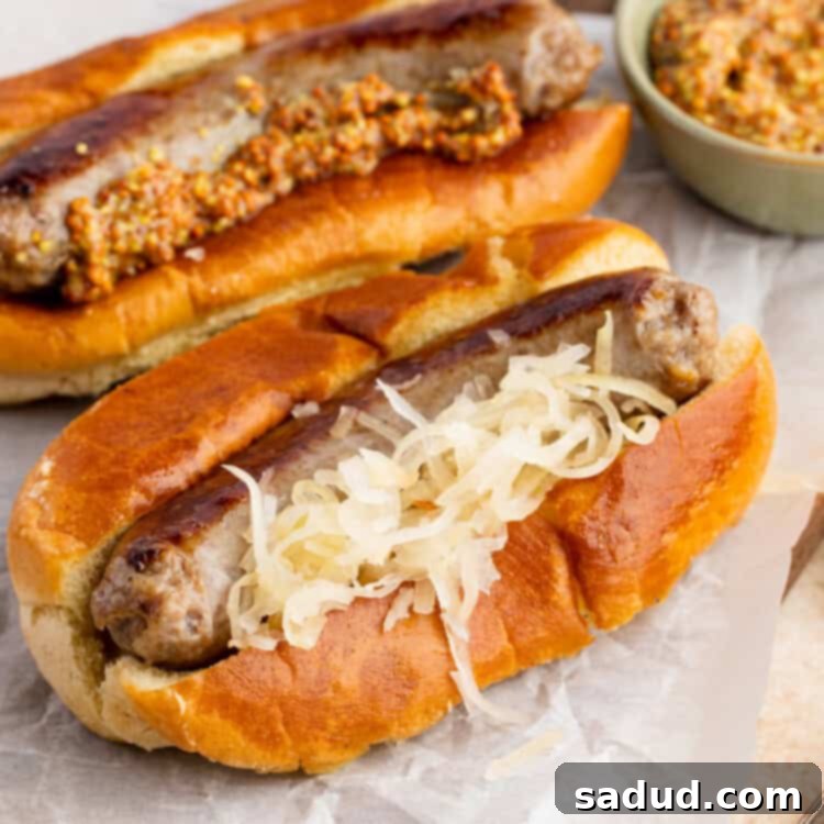 Instant Pot brats on hot dog buns with sauerkraut, on a parchment paper covered tray.