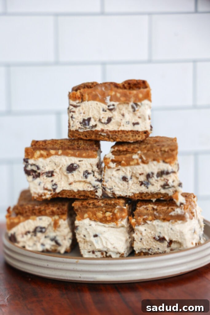 A stack of high protein frozen s'mores bars, ready to eat.