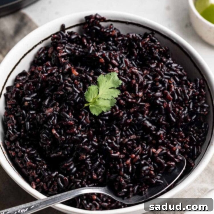 A bowl of tender black rice, garnished with a sprig of parsley, sits in front of an Instant Pot on a table.