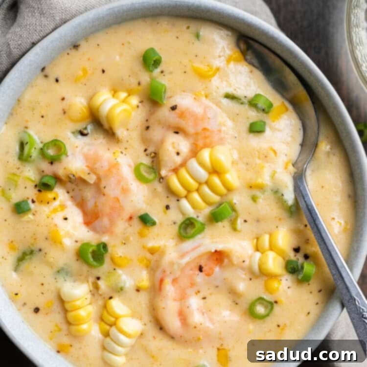 Closeup overhead view of a bowl of perfectly cooked shrimp and corn soup, richly creamy and garnished for serving, against a rustic backdrop.