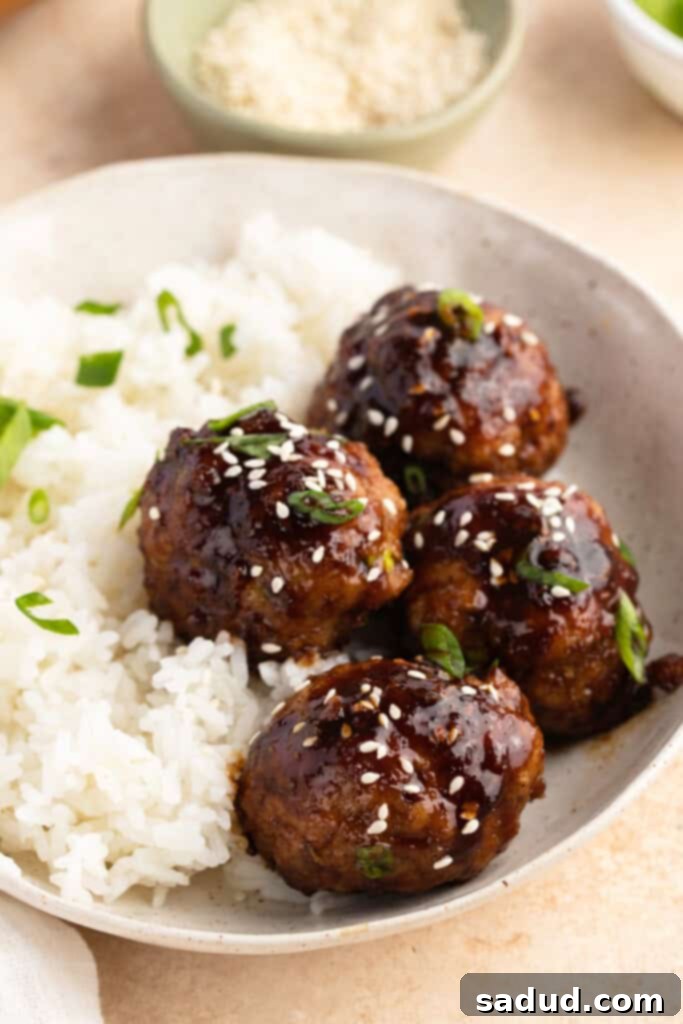 Soy-Ginger Glazed Turkey Bites 2 Angled view of a bowl of white rice and baked Asian turkey meatballs garnished with sesame seeds and vibrant green onions