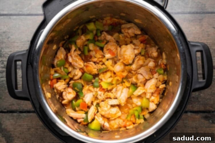 Overhead view of paella ingredients in an Instant Pot, with chicken and spices added.