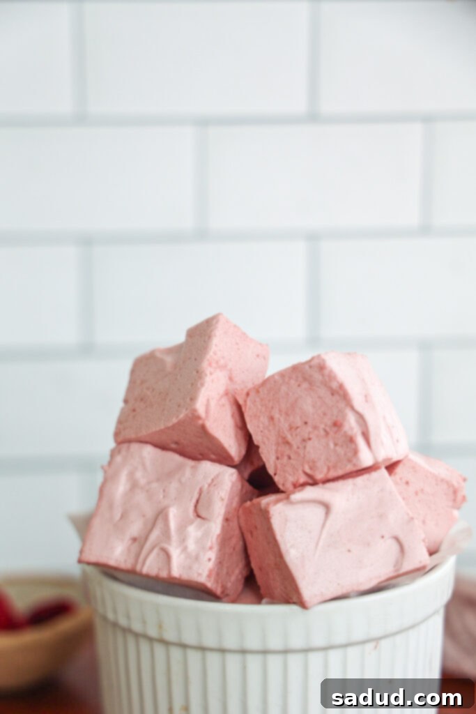 Homemade Gut-Nourishing Raspberry Marshmallows 7 Healthy homemade raspberry marshmallows cut and ready to enjoy.