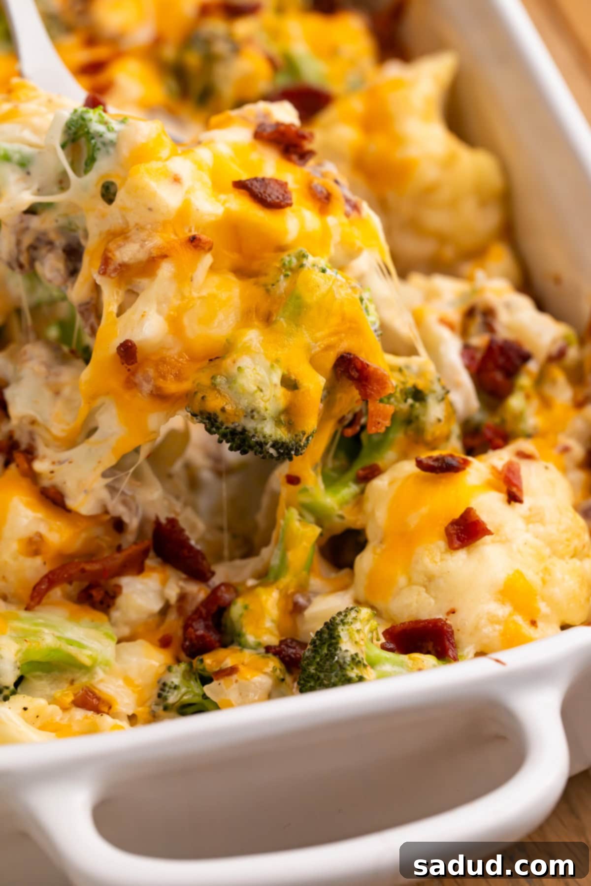 A scoop of keto broccoli cauliflower casserole being lifted out of a casserole dish with a large spoon.