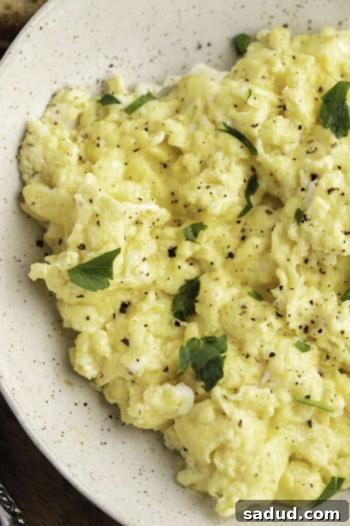 Fluffy Instant Pot Scrambled Eggs 3 Overhead close-up view of Instant Pot scrambled eggs in a large white bowl with fresh parsley garnish.