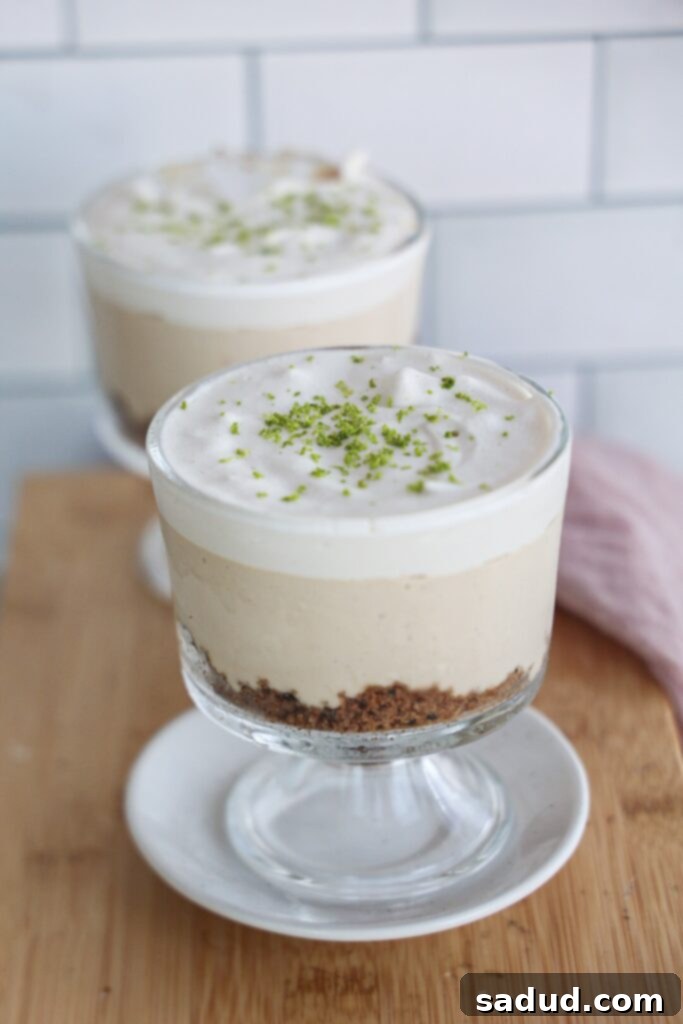 Healthy, vegan, no-bake individual Key lime pies in jars, garnished with lime zest.