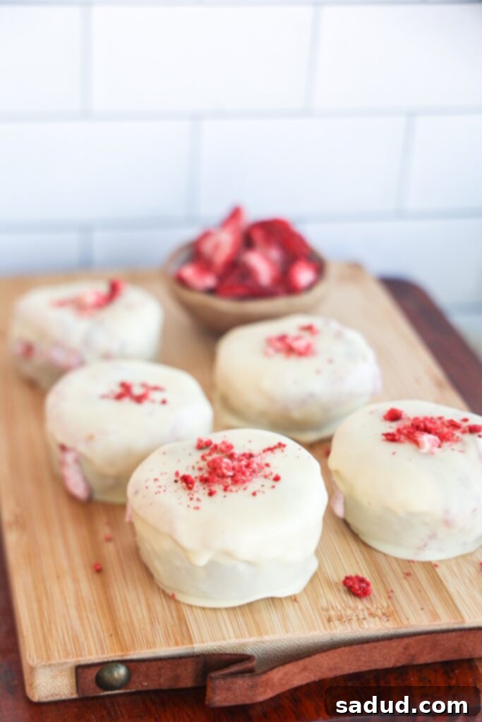 A close-up of a finished healthy strawberry shortcake cup, coated in white chocolate and ready to eat.
