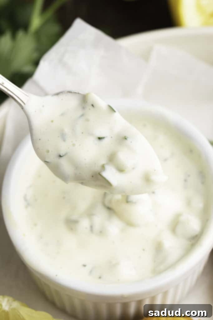 A silver spoon lifting a dollop of creamy vegan tartar sauce from a small white ramekin, showcasing its rich texture.