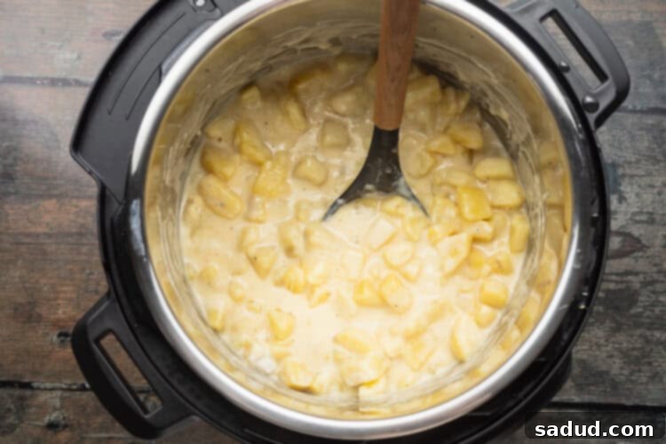 Overhead view of creamy Instant Pot cheesy potatoes in Instant Pot.