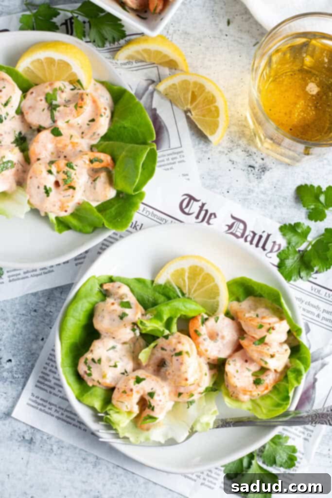 Overhead view of two plates of shrimp remoulade served on butter lettuce cups, garnished with fresh herbs.