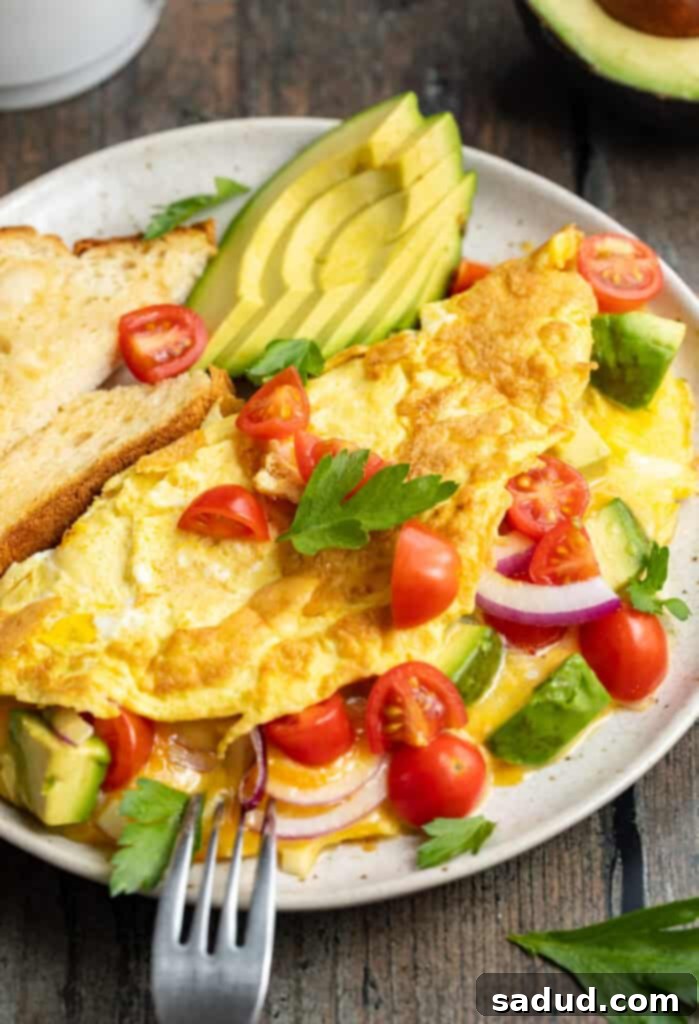 A beautifully presented avocado omelette on a pristine white plate, garnished with vibrant red onion, ripe cherry tomatoes, fresh green herbs, and perfectly sliced avocado.