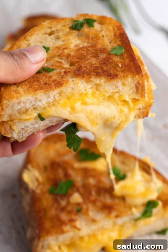 A hand holding up half of a sourdough grilled cheese with cheddar and swiss oozing out of the sandwich.