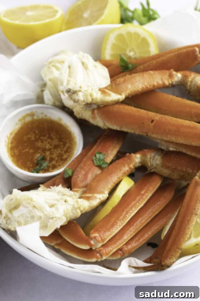 Angled view of a bowl of Instant Pot snow crab legs with a butter sauce.