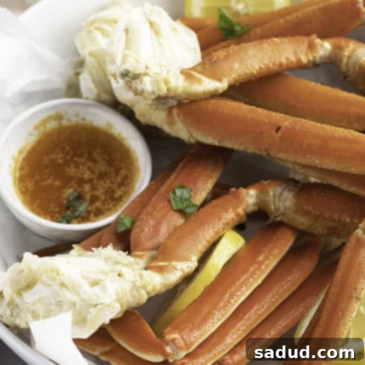 Angled view of a bowl of Instant Pot snow crab legs with a butter sauce.