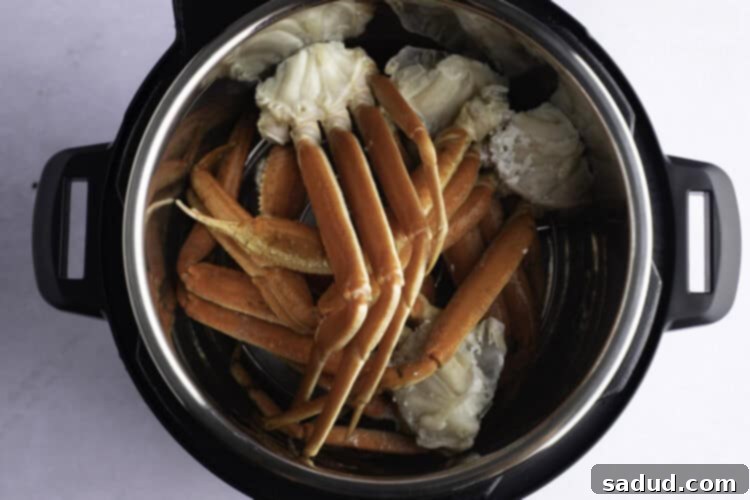 Overhead view of snow crab leg clusters in Instant Pot.