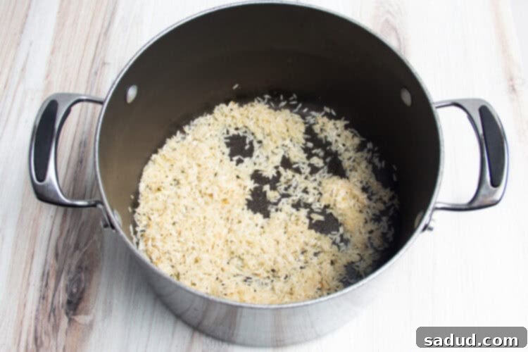 Rice, butter, and seasonings in a large saucepan.