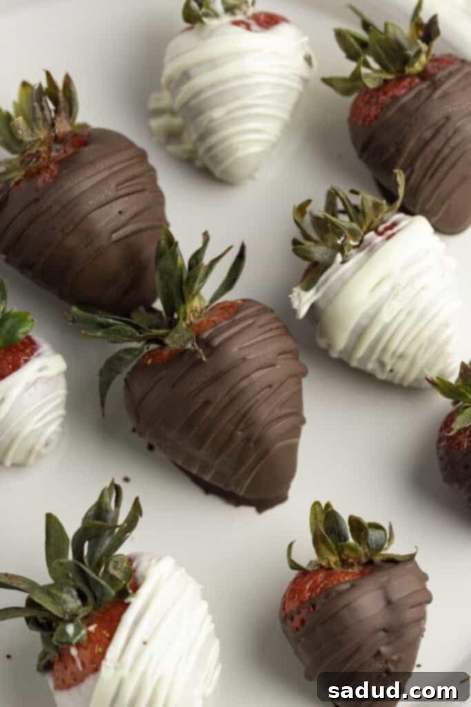 Decadent Infused Chocolate Strawberries 2 Close up photo of dark chocolate and white chocolate covered strawberries on a white plate, showcasing their rich coating and vibrant color.