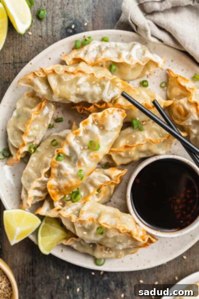 Overhead view of a plate filled with crispy air fryer dumplings with a small ramekin of soy-based dumpling sauce.