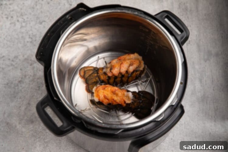 Overhead view of seasoned lobster tails in an Instant Pot on a trivet, ready for pressure cooking.